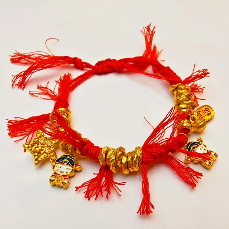 3#足金999 黄金珐琅彩幸运星招财纳福财神手串 手工编绳