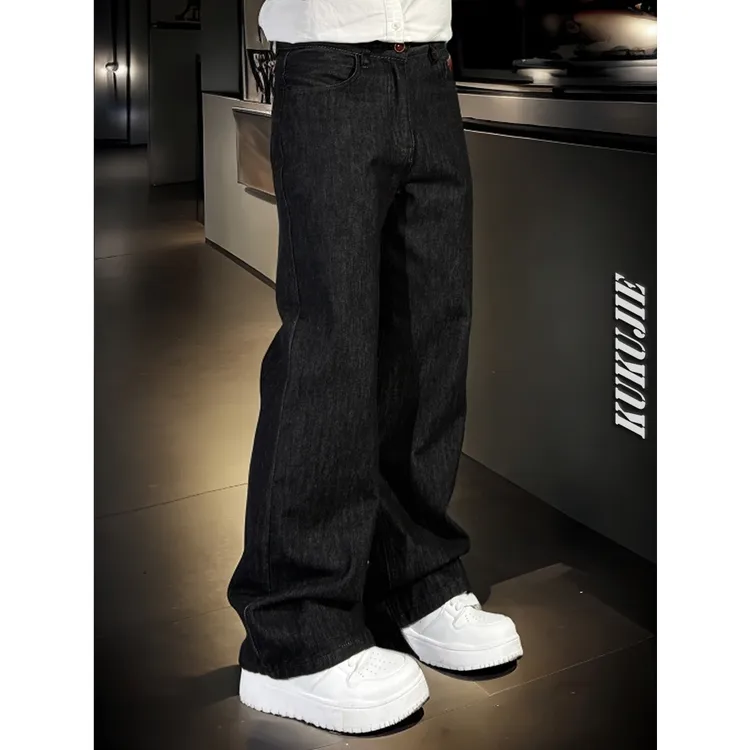 巴黎潮牌手缝盎司黑金原色牛仔裤男士秋季宽松直筒裤美式休闲长裤