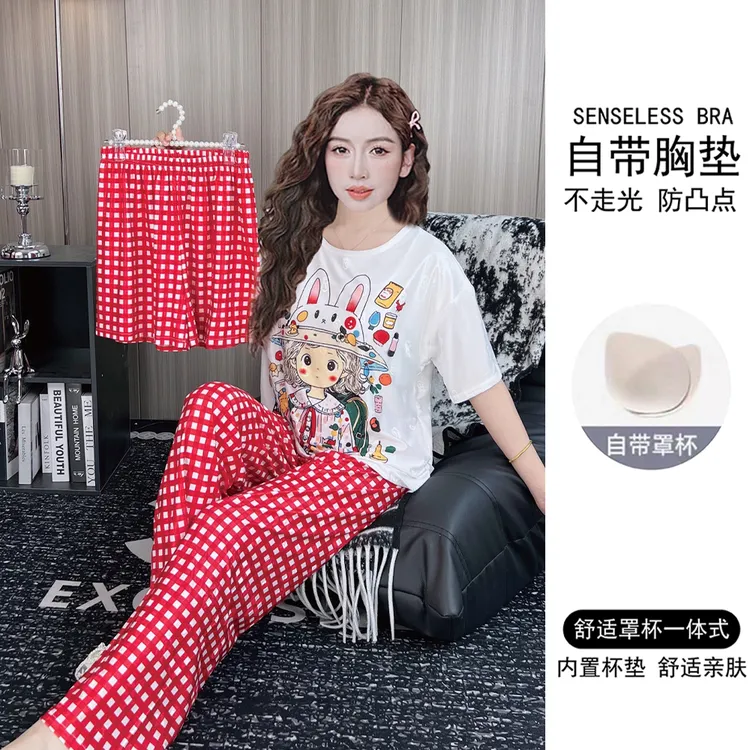 带胸垫夏季提花冰丝睡衣女短袖薄款三件套宽松卡通家居服套装夏天