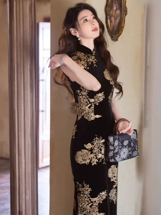 JLM【婉清】简春夏新款新中式韩国绒烫金印花气质优雅高腰显瘦旗袍