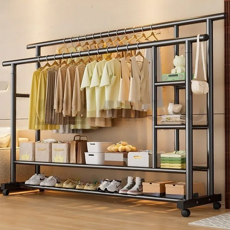 双杆晾衣架可移动衣帽架落地多层房间挂衣架子衣服晾晒杆晒被神器