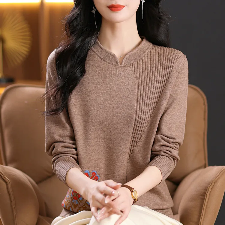 新中式秋冬新款妈妈针织打底衫套头毛衣长袖风时尚女装上衣