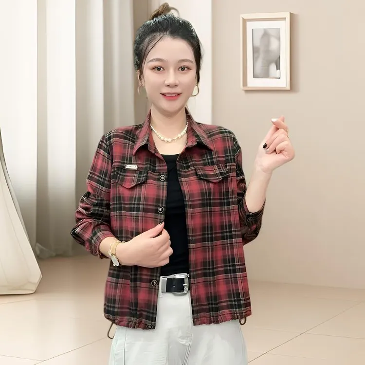 秋季新款时尚百搭韩系减龄衬衫外套格子显瘦翻领气质复古长袖衬衣