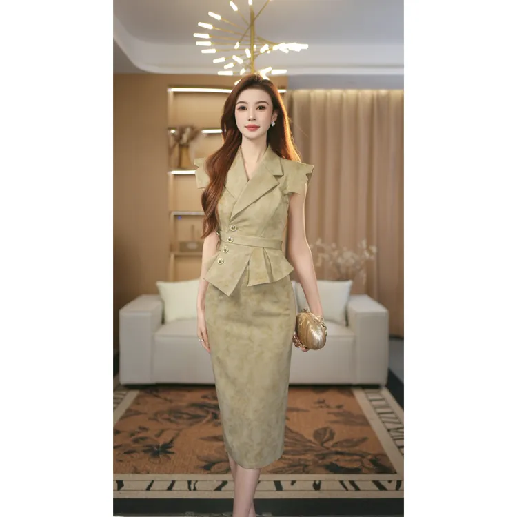 罗曼定制 原创设计西装领收腰修身上衣+气质包臀半身裙套装两件套