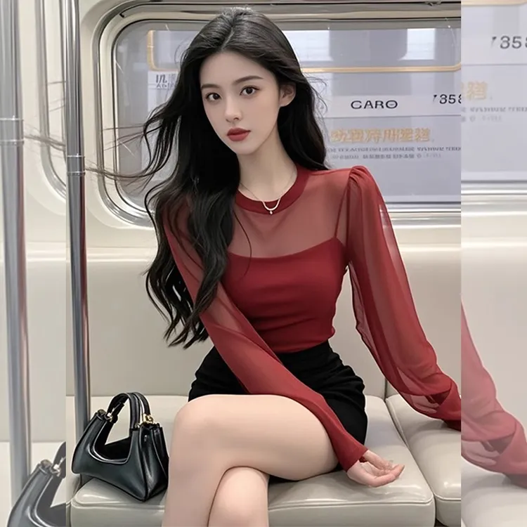 纯欲风辣妹红色网纱拼接长袖T恤女春季新款洋气高级感绝美小上衣