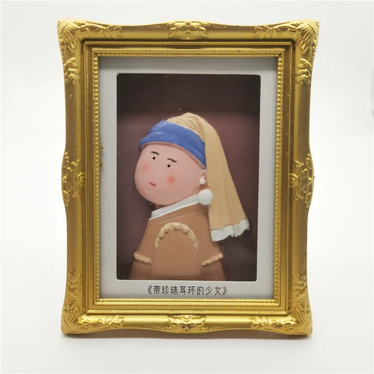 新款世界名画冰箱磁贴手绘立体相框摆件蒙娜丽莎戴珍珠耳环的少女