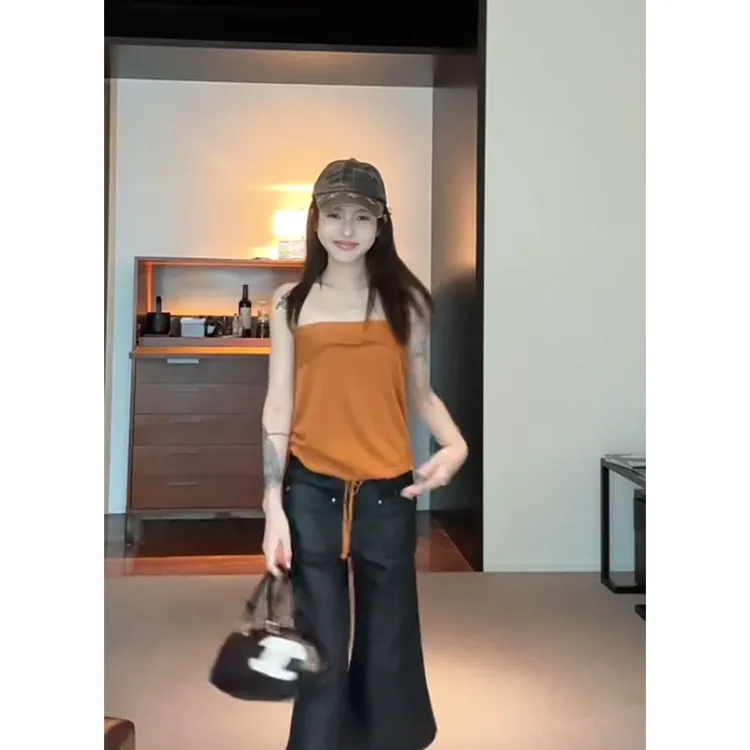 韩系纯欲穿搭夏季设计感蝴蝶结抹胸背心上衣外穿高腰直筒休闲裤女