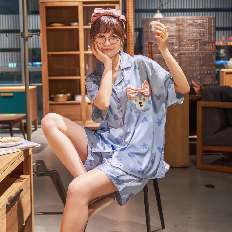 夏季冰丝睡衣女短袖短裤翻领小可爱开衫可外穿家居服套装