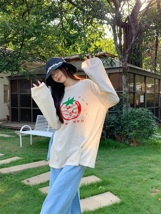 彩点番茄小猫咪印花长袖T女薄款防晒衫+开衩半身裙套装