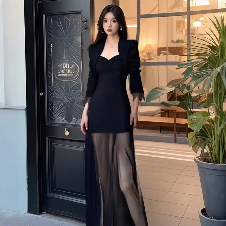 A【两件套】御姐气质网纱拼接黑色吊带连衣裙短款外套两件套D0477