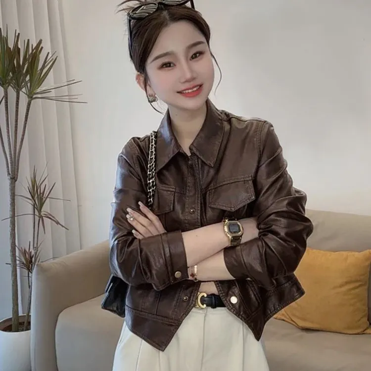 海宁复古上衣翻领港风机车秋冬新款皮衣女夹克外套A25-49