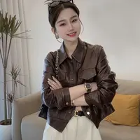 海宁复古上衣翻领港风机车秋冬新款皮衣女夹克外套A25-49