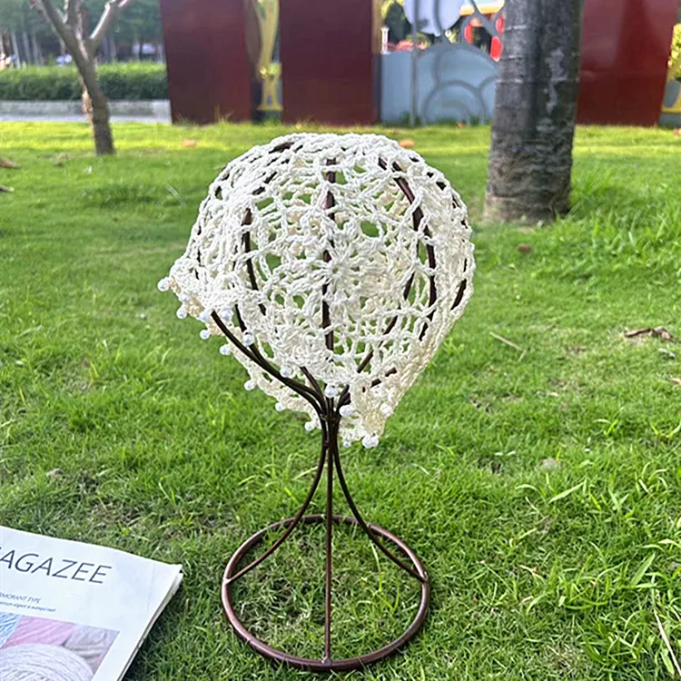 新款手工编织花朵镂空包头帽子女四季百搭个性小众仿珍珠针织女帽
