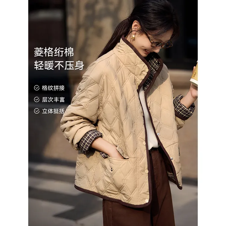 假两件格纹拼接棉衣棉服女秋冬新款休闲短款轻暖夹棉外套