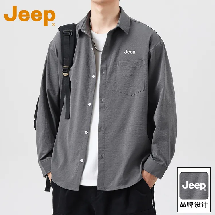 JEEP吉普官方正品长袖衬衫男款春秋季高级灰色衬衣服宽松翻领外套