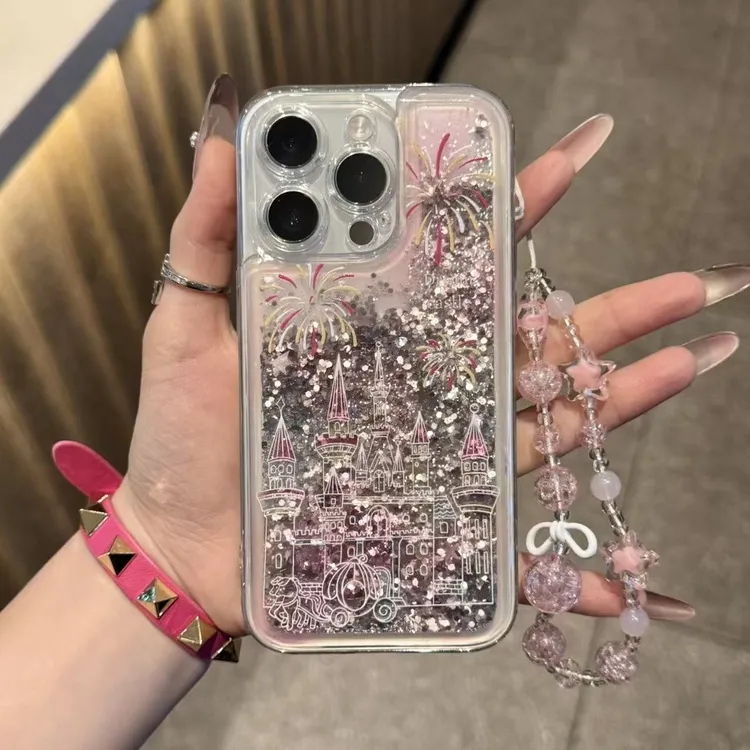 适用粉晕烟花城堡挂链苹果17promax流沙手机壳iPhone16/15/14/13