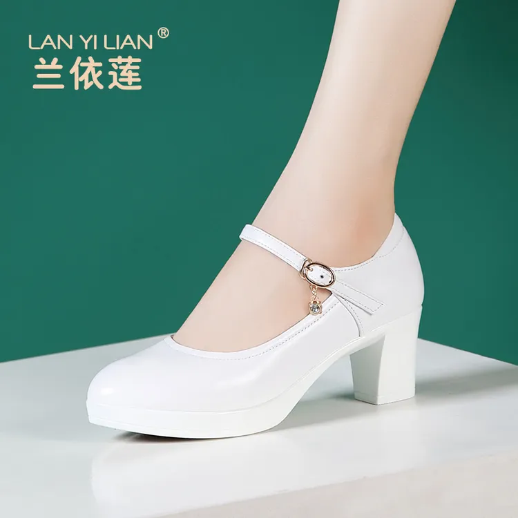 牛筋底模特厚底真皮防水台白色软牛皮粗跟配旗袍秀的专用高跟鞋女