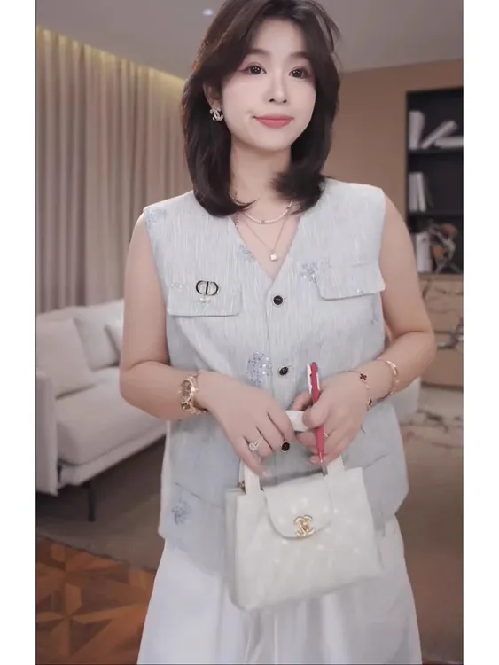 广州琴姐【小香织蓝】欧若风时尚轻奢V领无袖马甲开衫马夹女夏87182