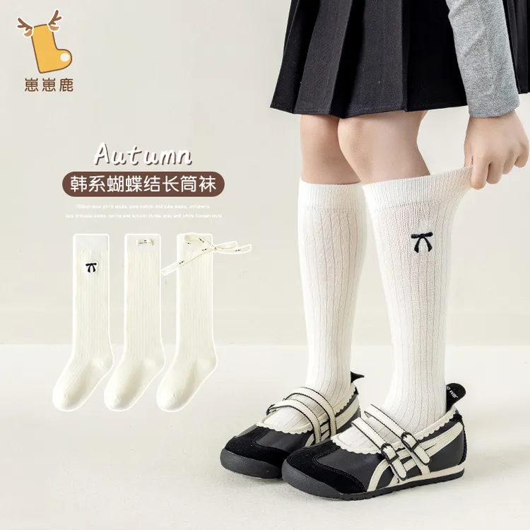 韩系蝴蝶结儿童长筒小腿袜春秋绵柔女童芭蕾风秋季高筒公主袜无骨