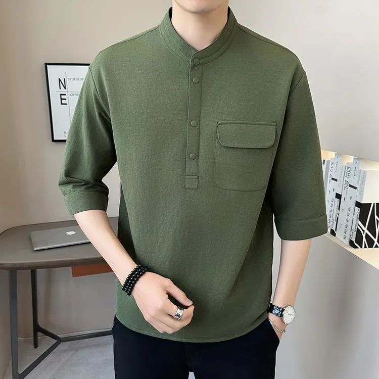 立领七分袖衬衫男士短袖t恤夏季亚麻中式棉麻中国风套头衬衣服男