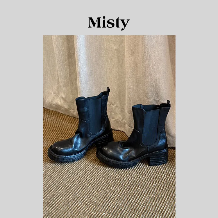 Misty雾屿女鞋|34-39|6.5cm|2025秋季爆款重工水洗粗跟弹力短靴