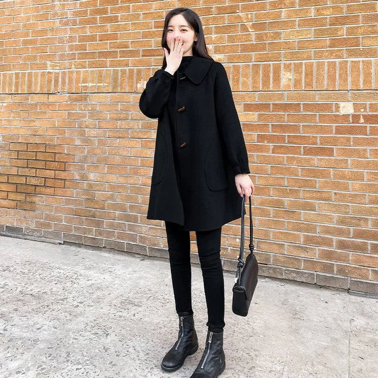 2025秋冬季新款韩版宽松牛角扣毛呢外套女中长款大衣显瘦气质外套