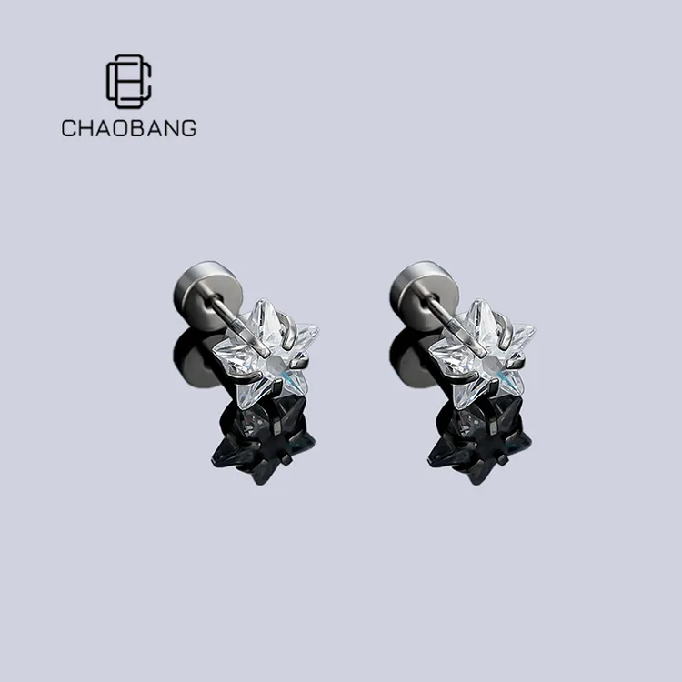 chaobang/潮邦 钛钢耳饰 爪镶星星耳钉百搭小众设计螺丝平底耳饰