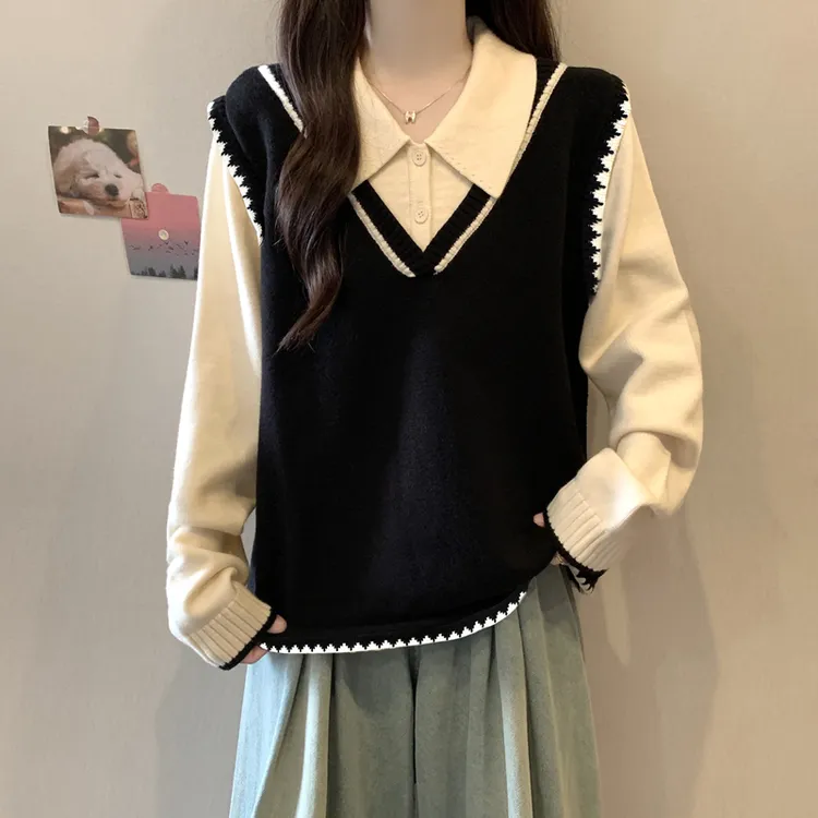 大码女装假两件拼接翻领长袖针织衫女秋冬胖妹妹宽松显瘦减龄上衣