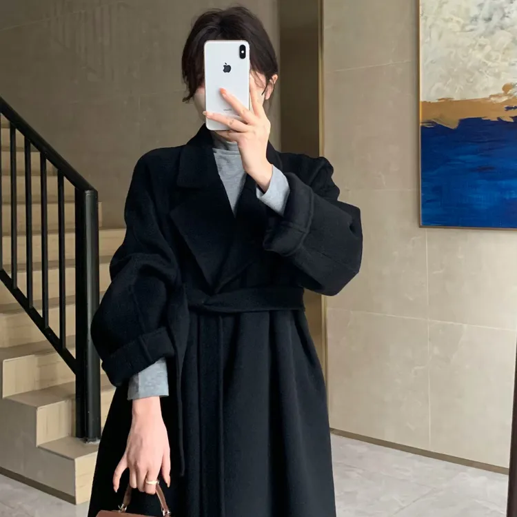 黑色赫本风双面呢子大衣女中长款2025秋冬季新款小个子毛呢外套