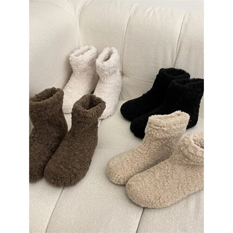 FAVMARTHA加绒厚保暖毛毛鞋女秋冬外穿甜美羊羔毛一脚蹬短靴可爱