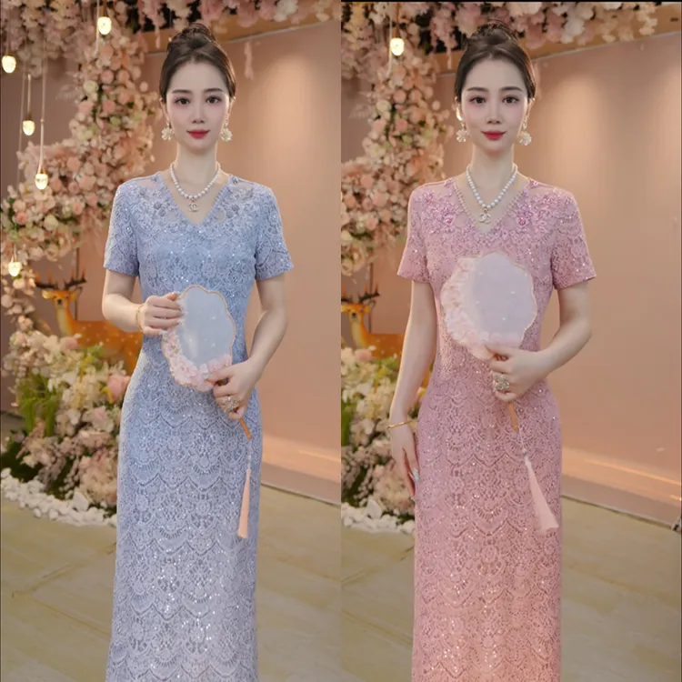 礼服平时可穿夏季V领生日宴会聚会年轻妈妈高端婚礼蕾丝连衣裙