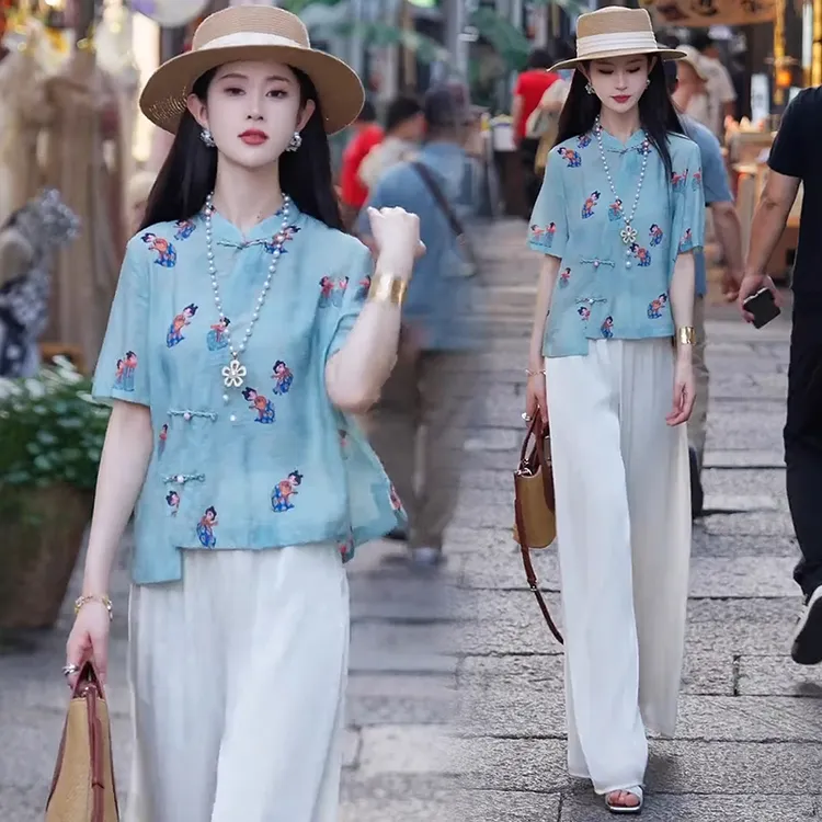 新中式国风时尚套装女2025夏新款洋气质显瘦盘扣衬衫阔腿裤两件套