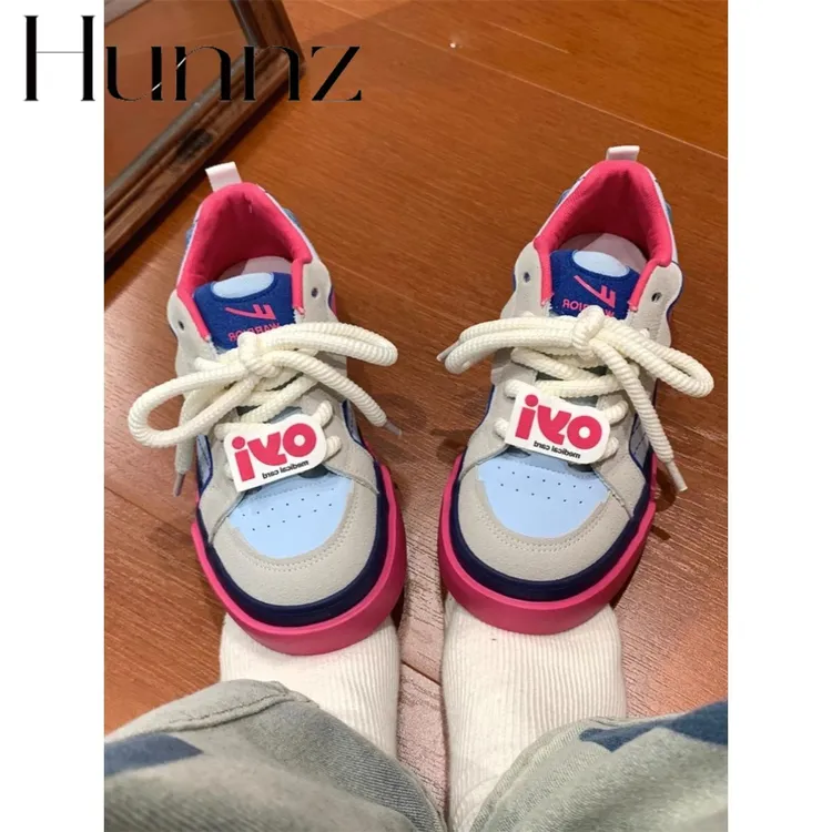 韩国小众百搭hunnz美式复古板鞋女爆改多巴胺鞋透气运动休闲帆布