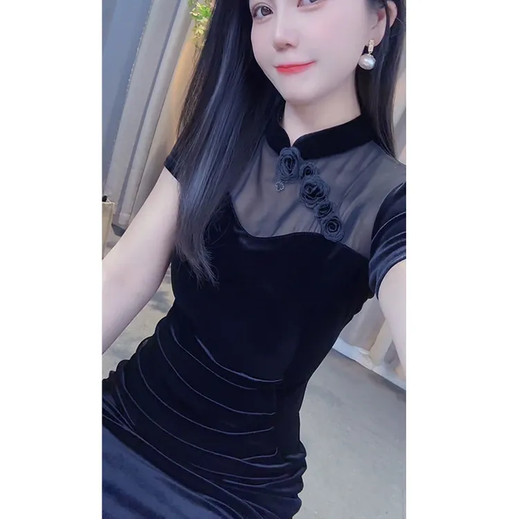 宏依莲黑色拼接常规款一字扣镂空低开衩旗袍性感名媛中长款复古