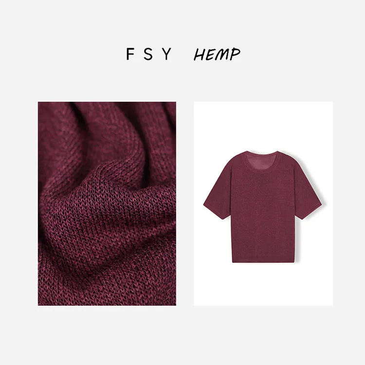 【桑葚】汉麻和纸纱针织衫套头短袖紫红花纱休闲复古圆领FSY50330