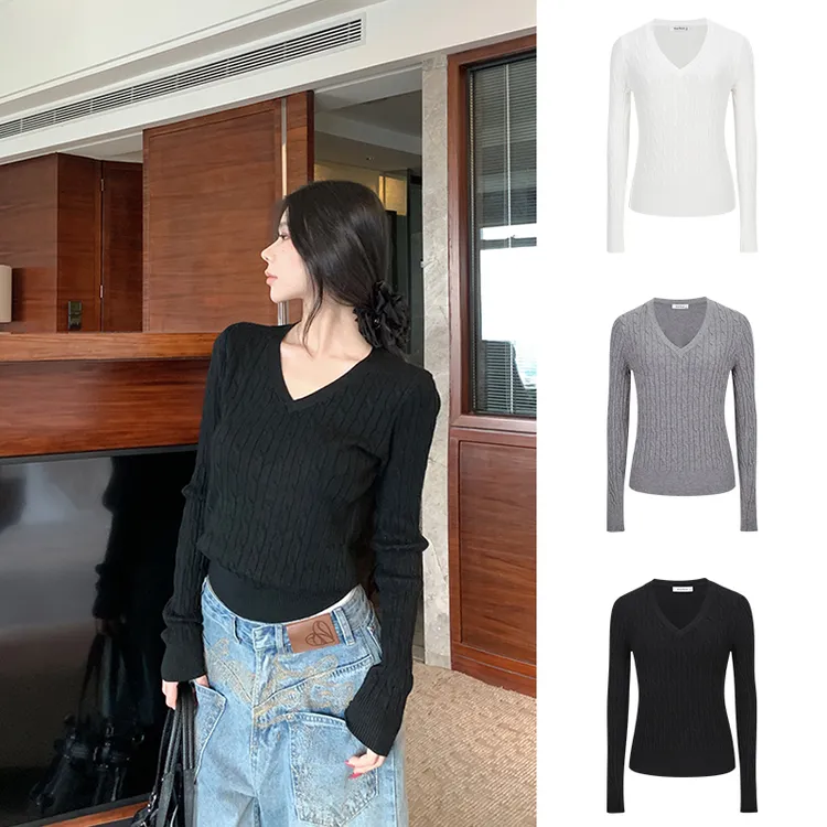 Moses Queen大码女装纯色V领学院风长袖麻花秋冬修身针织上衣女