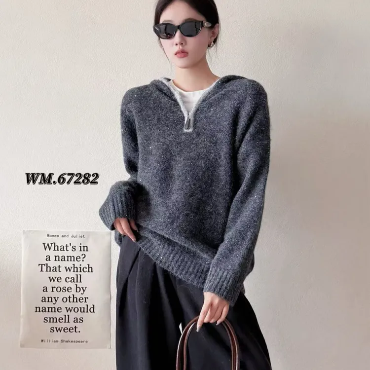 秋冬新款特种纱拉链连帽针织衫宽松时尚套头毛衣