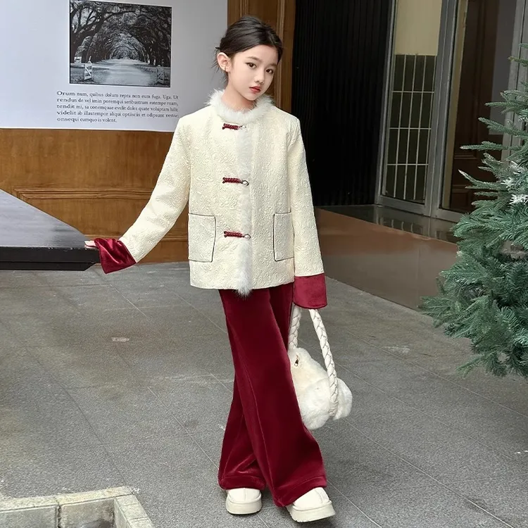 女童新中式套装2024新款大童国风夹棉外套休闲裤两件套儿童拜年服