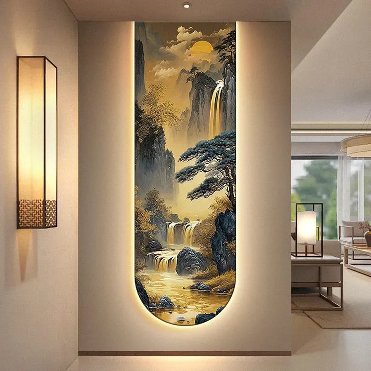 高山流水生财玄关装饰画宋代美学迎客松入户挂画细长条走廊壁画灯