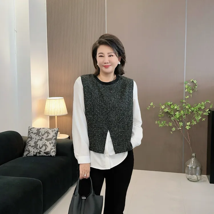 微胖女装【柏林艺术馆】秋季香风衬衫假两件新款T恤显瘦短袖20808