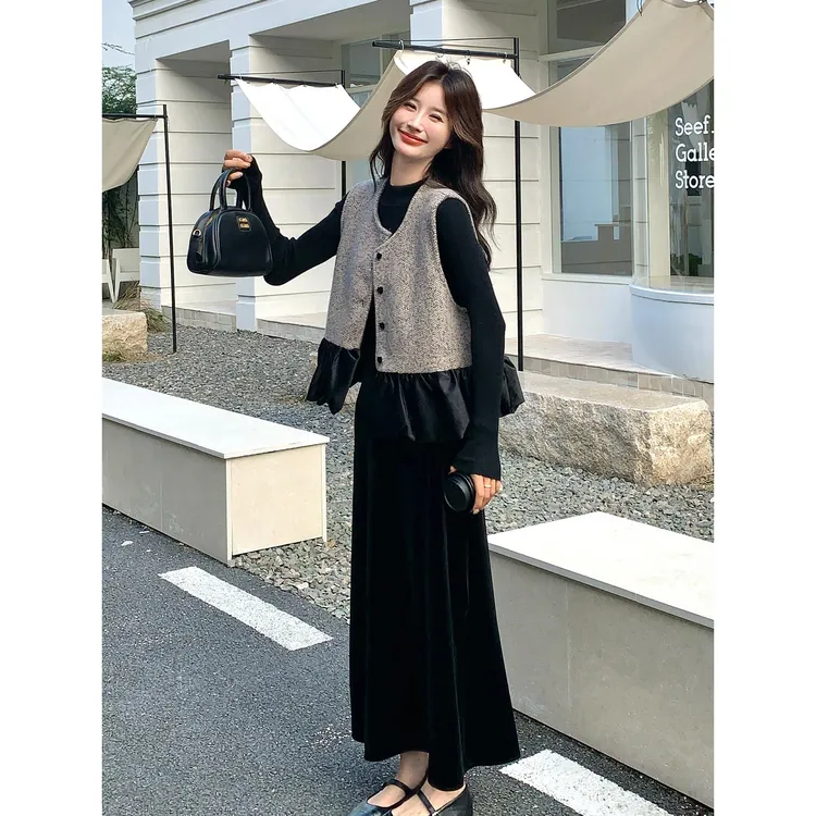 法式覆古小香风马甲套装裙女2025秋高级感打底衫丝绒半身裙三件套