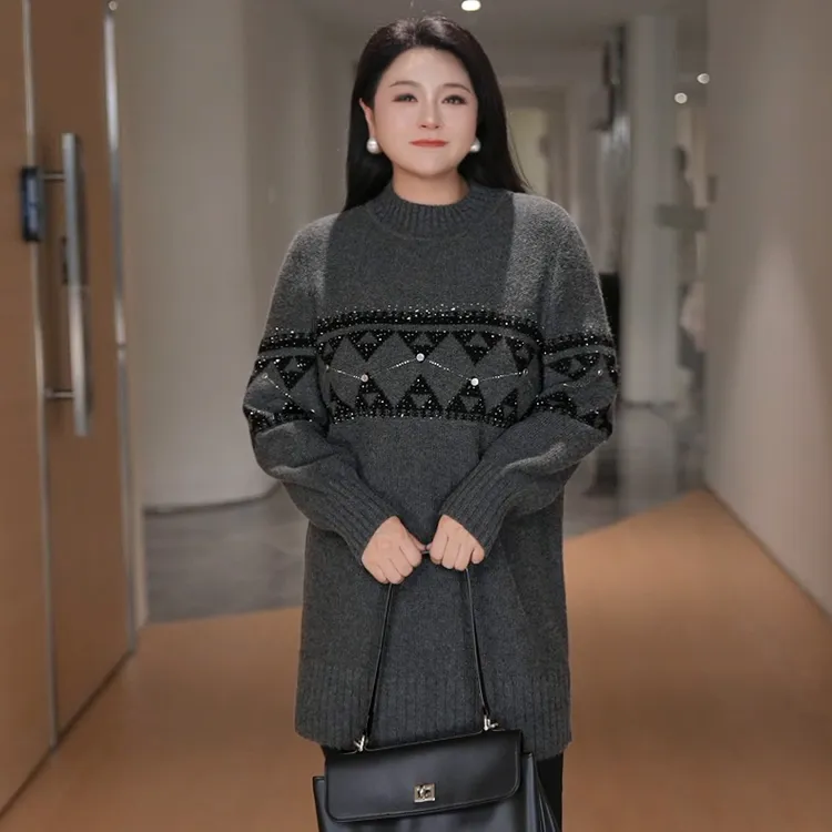 MsShe大码女装2025冬装复古慵懒宽松提花烫钻毛衣J~B2511011