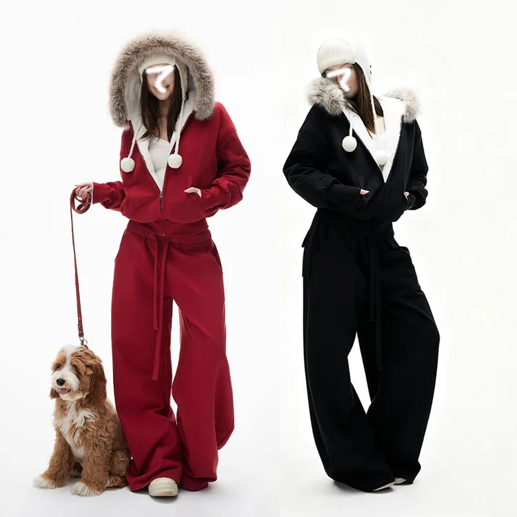 CAYK松弛感毛领加绒拉链连帽外套+休闲抽绳拖地卫裤套装