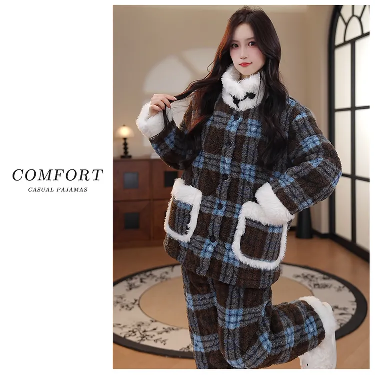 新款三层夹棉纽扣立领睡衣女加绒加厚套装冬季保暖可外穿家居服