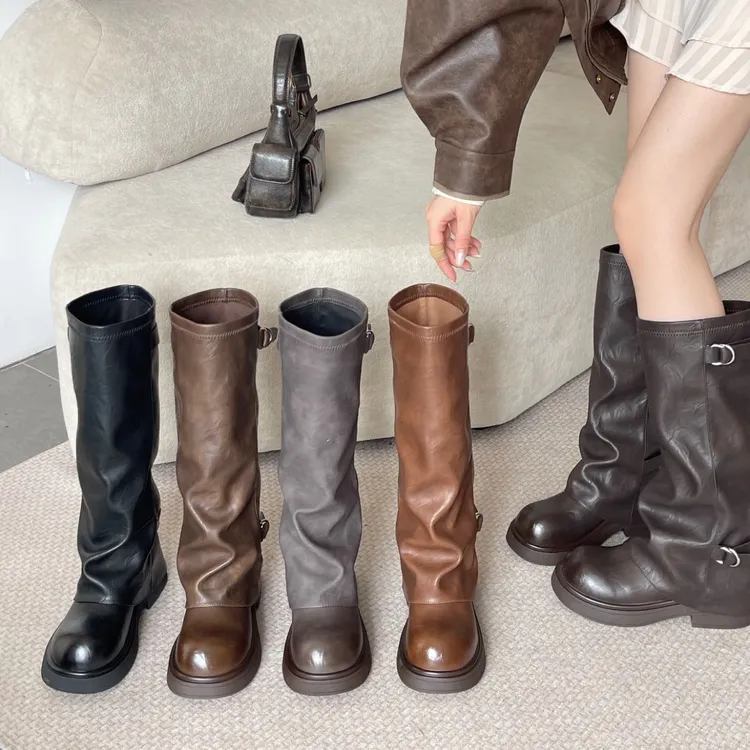 25200-3时装裤管靴软皮厚底百搭过膝长靴筒靴时尚秋冬女英伦风