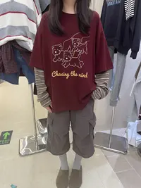 温柔瑶-Eleven秋款福利#松弛感小狗印花拼接假两件上衣#1827