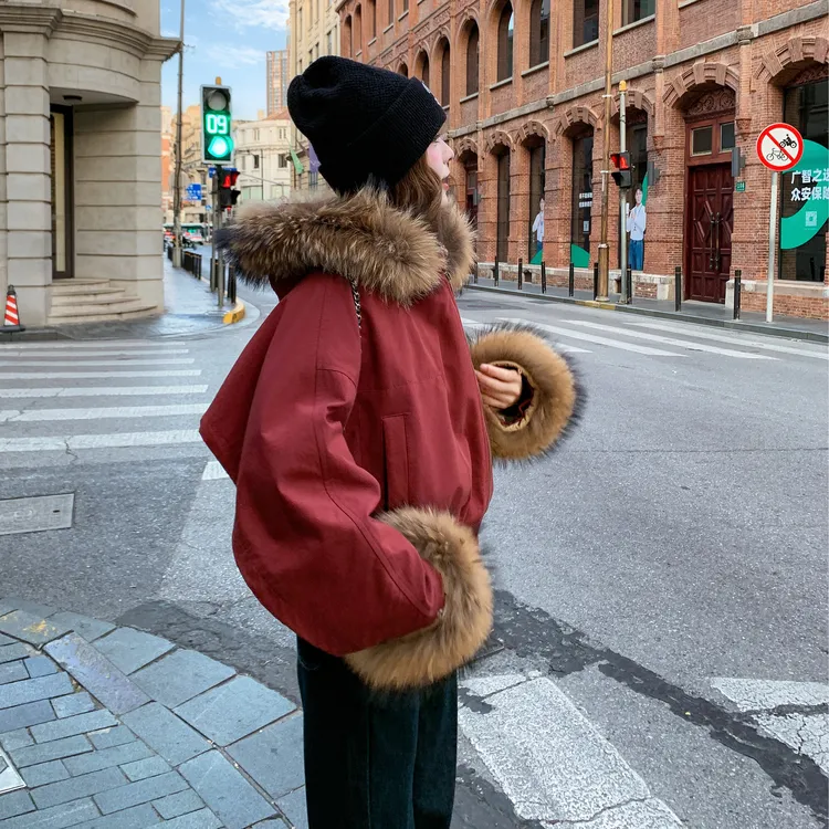 安可拉红真毛领羽绒服女短款冬装新款高级感气质显瘦保暖90绒外套