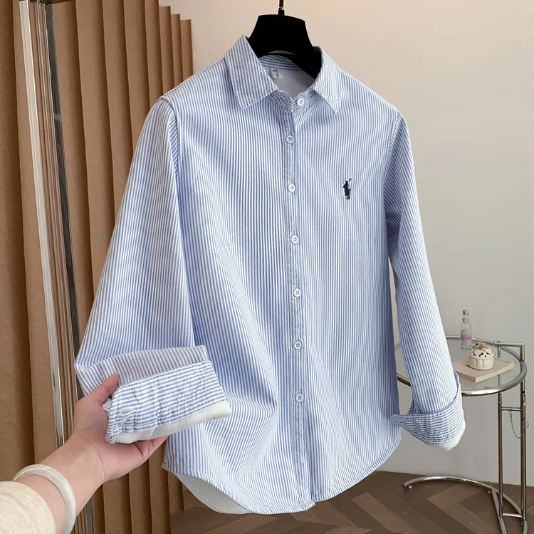 全额运费补贴清新蓝白条纹小马刺绣秋冬加绒新款长袖女士衬衫休闲
