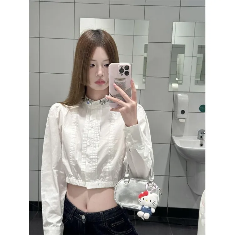 设计感小众气质亮片白色短款长袖衬衫女纯欲风洋气早秋别致上衣