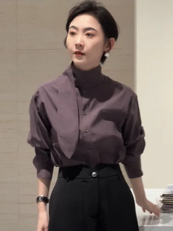 立领兔耳朵长袖衬衫女春秋新款高级感休闲宽松显瘦百搭长袖上衣潮